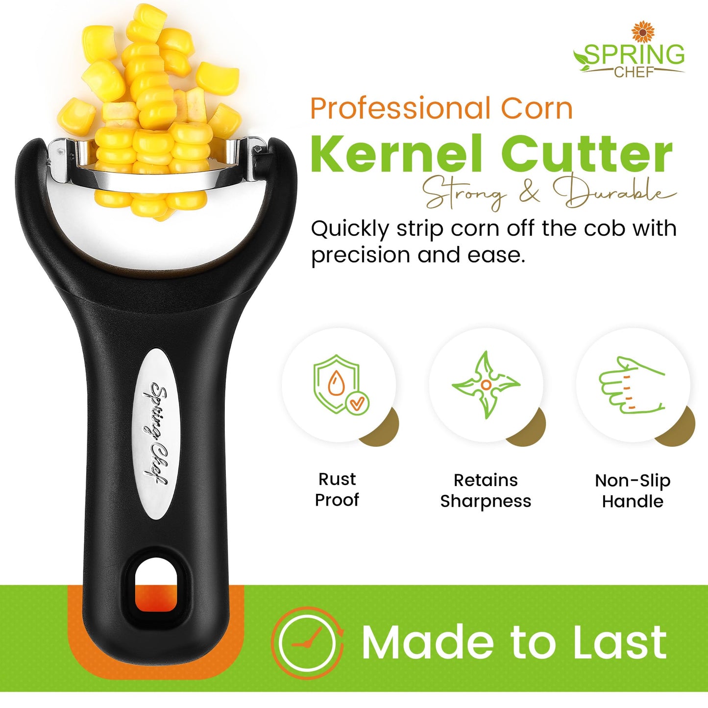 Spring Chef Stainless Steel Corn Peeler – Corn on the Cob Stripper Tool – Durable & Efficient Kernel Remover Tool – Easy to Use Kernel Cutter - Dishwasher Safe Kitchen Gadget - Set of 2 - Black
