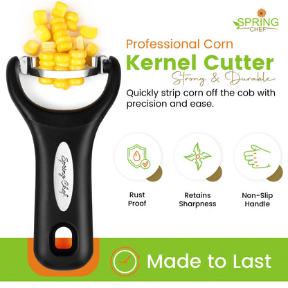 Spring Chef Stainless Steel Corn Peeler – Corn on the Cob Stripper Tool – Durable & Efficient Kernel Remover Tool – Easy to Use Kernel Cutter - Dishwasher Safe Kitchen Gadget - Set of 2 - Black