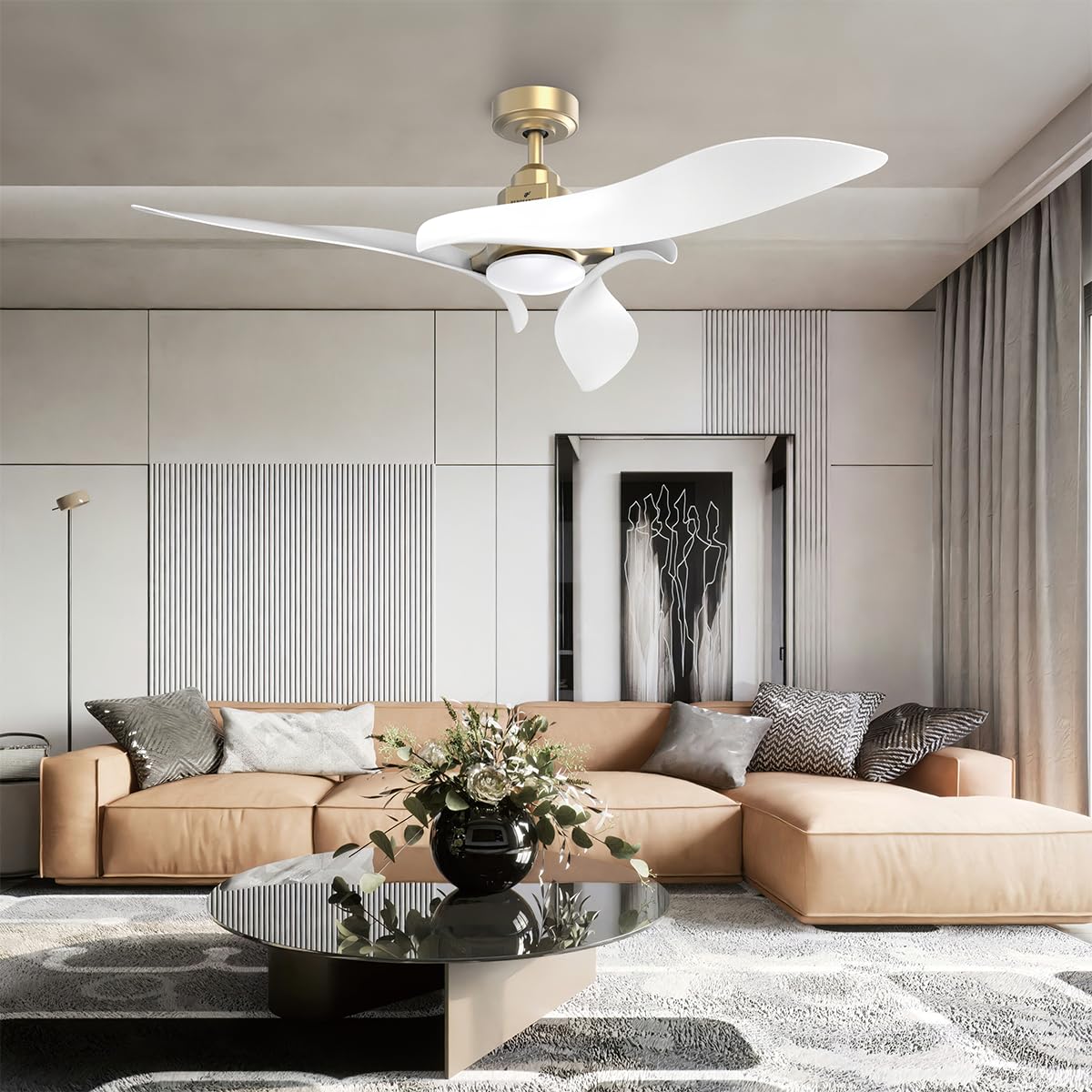 AEROFANTURE Gyro Ceiling Fans with Lights and Remote, 54 Inch Modern Bedroom Ceiling Fan with 3 Sculpted Blades, Reversible Ultra Quiet DC Motor, 3CCT Dimmable LED, 6 Speeds for Living Room Patio