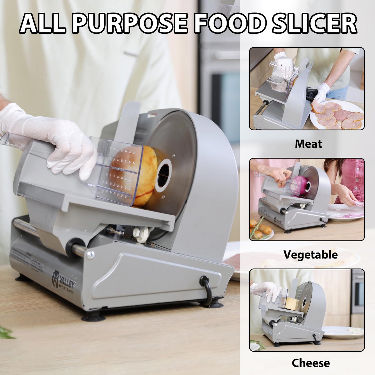 Valley Sportsman Meat Slicer Machine for Home - Electric Food Slicer with 7.5" Stainless Steel Blade, Adjustable Thickness Deli Slicer Cuts Meat, Bread, Cheese, Easy to Clean, Sliver