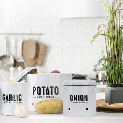 Granrosi Kitchen Vegetable Storage Set for Pantry & Countertop — Set of 3 Kitchen Containers Including Potato Bin, Onion Keeper & Garlic Storage; Rustproof Metal & Aeratic Holes; Farmhouse Style