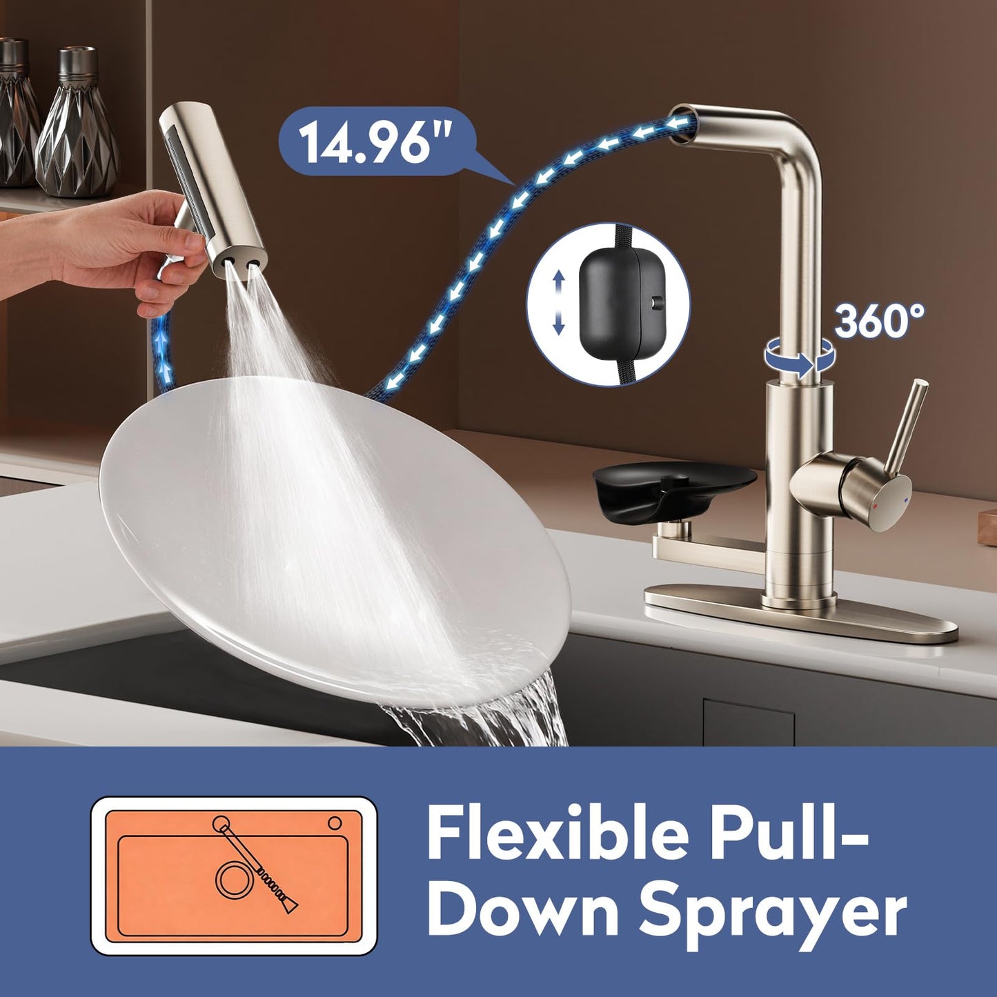 SINGSUO Pull Down Kitchen Faucet with Glass Rinser, 4 Spray Modes Kitchen Faucets with Pull Out Sprayer & Cup Washer, High Pressure Single Handle Bar Sink Faucet 1 or 3 Hole