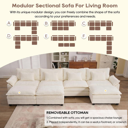 IPKIG 154" Modular Sectional Sofa, Chenille C-Shaped Sectional Couch Comfy Upholstered Seat Sofa with Ottoman, Deep Seat Cloud Couch Sofa for Living Room, Beige
