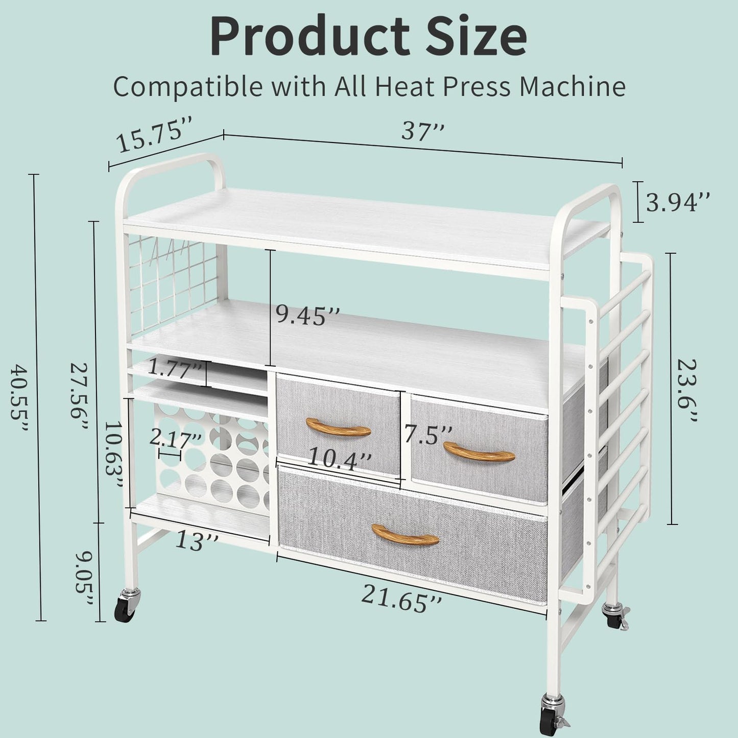 Hadulcet Large Heat Press Table with Storage - Rolling Craft Cart Organizer, Vinyl Roll Holder & Cricut-Compatible Workstation for DIY Sublimation, T-Shirt, Cap, Mug Projects (White)