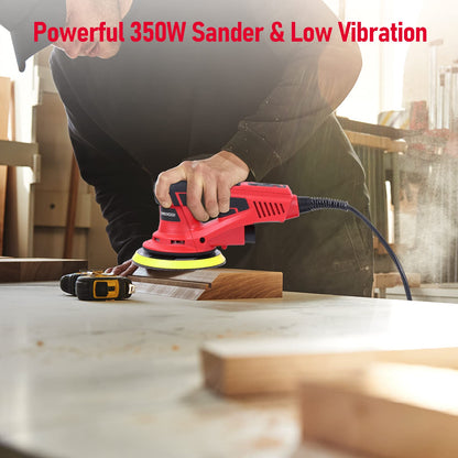 Electric Random Orbital Sander, PioneerWorks Brushless Motor, Powerful 350W & Low Vibration Palm Sander,10000 RPM Variable Speed,6-Inch Pads For Woodworking, Polishing, Sanding, Carpentry