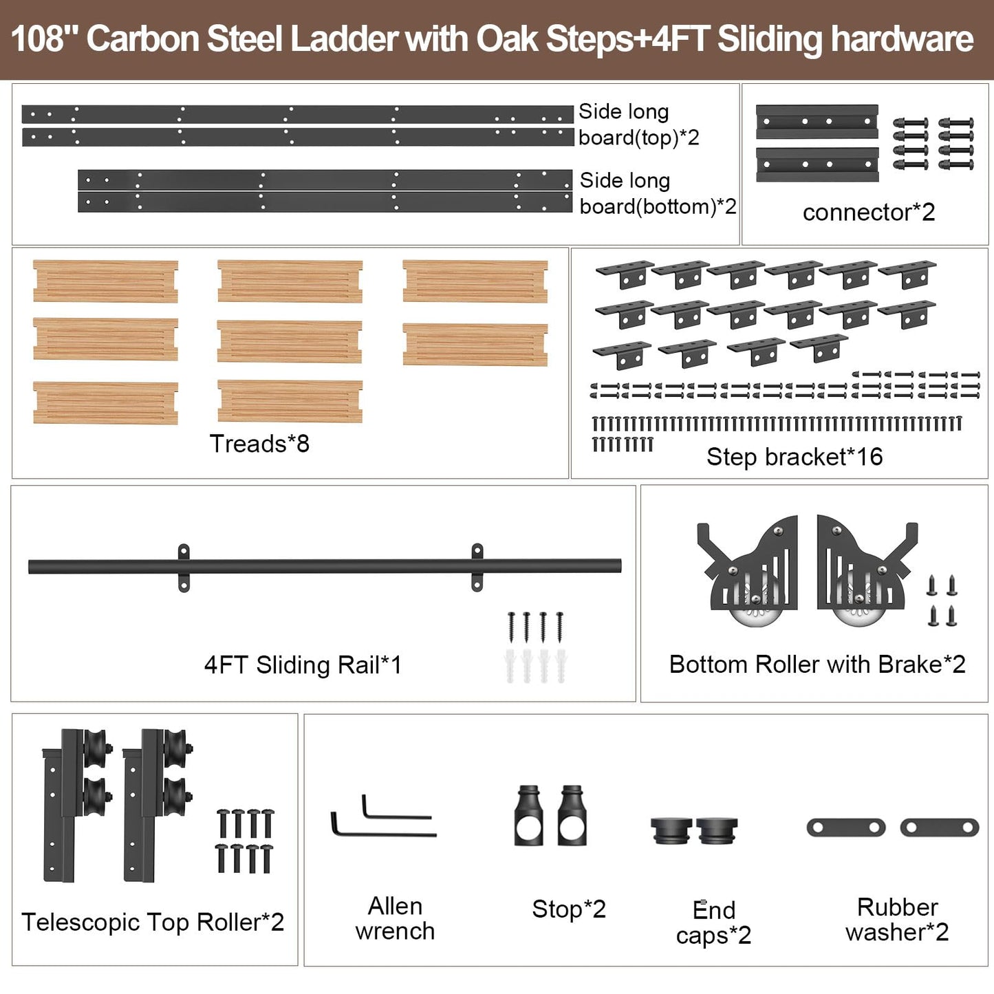 LKCBITION 108inch Carbon Steel Ladder with Oak Steps, Includes 4ft Telescoping Top Rollers & Bottom Brake Wheels Sliding Hardware, Rolling Library Ladder for Loft, Attic, Bookshelf