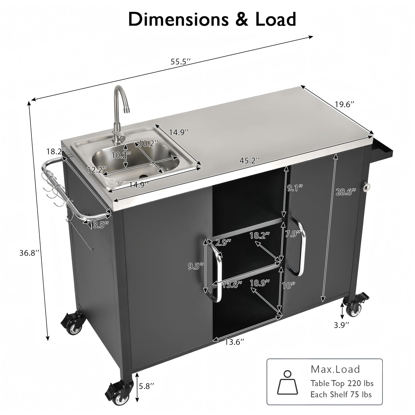 Merax 55.5" Outdoor Kitchen Island, Metal Grill Cart Table with 304 Stainless Steel Sink, Outdoor Bar Cart Sink Station with 4 Lockable Wheels for Pizza Prep & BBQ, Black
