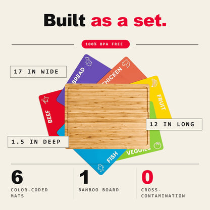 Bamboo Cutting Board Set with 6 Color Coded Mats with Food Icons, BPA-Free Non Slip Easy Clean Chopping Boards for Kitchen with Holder, Dishwasher Safe for Meal Prep & Serving, Large | Cooler Kitchen