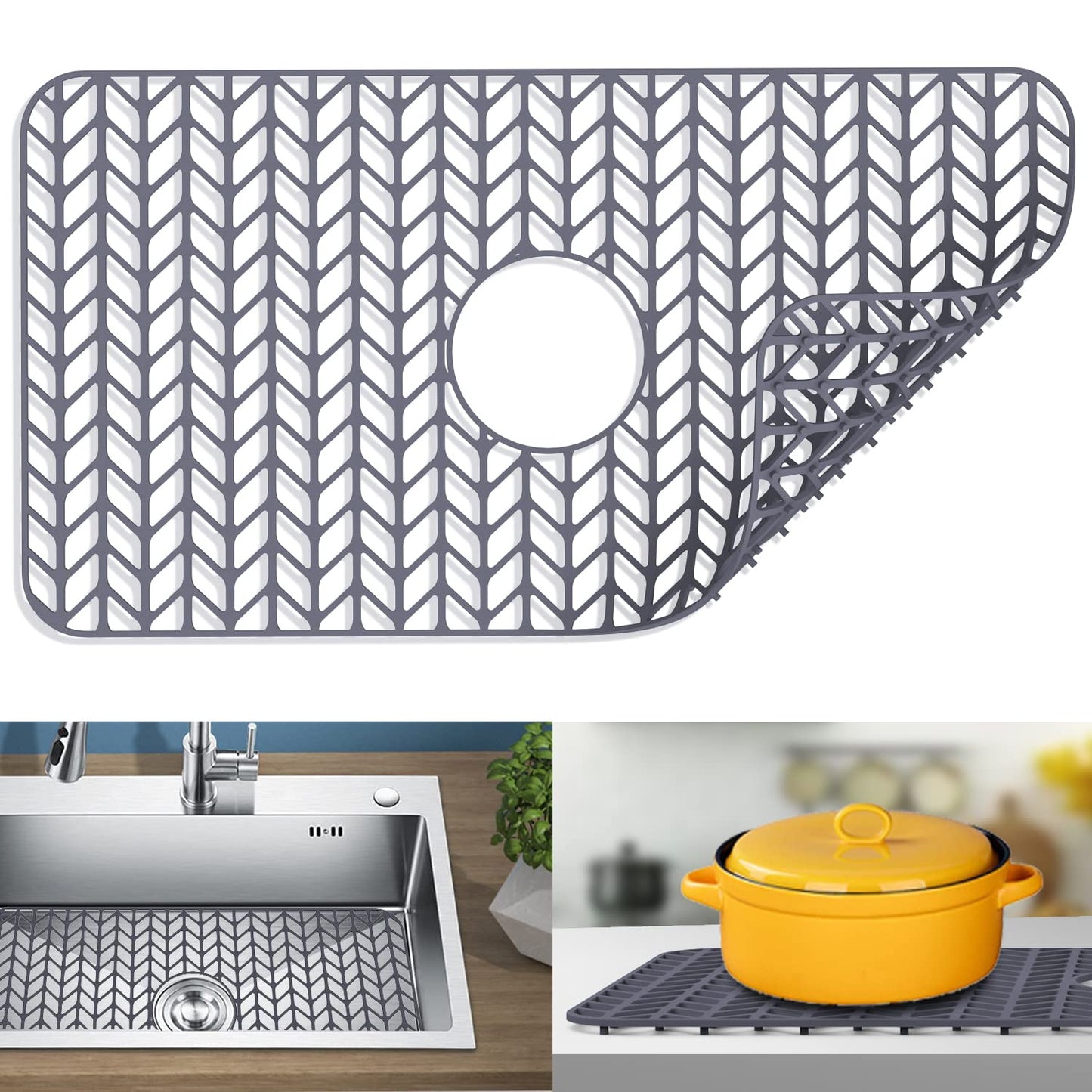 JIUBAR Sink protectors for kitchen sink |12"13"16"18"19"24"26"28"29"30"silicone sink mat| Silicone Kitchen Sink Mat Grid for Bottom of Farmhouse Stainless Steel Porcelain Sink(26"x 14" Center Gray)
