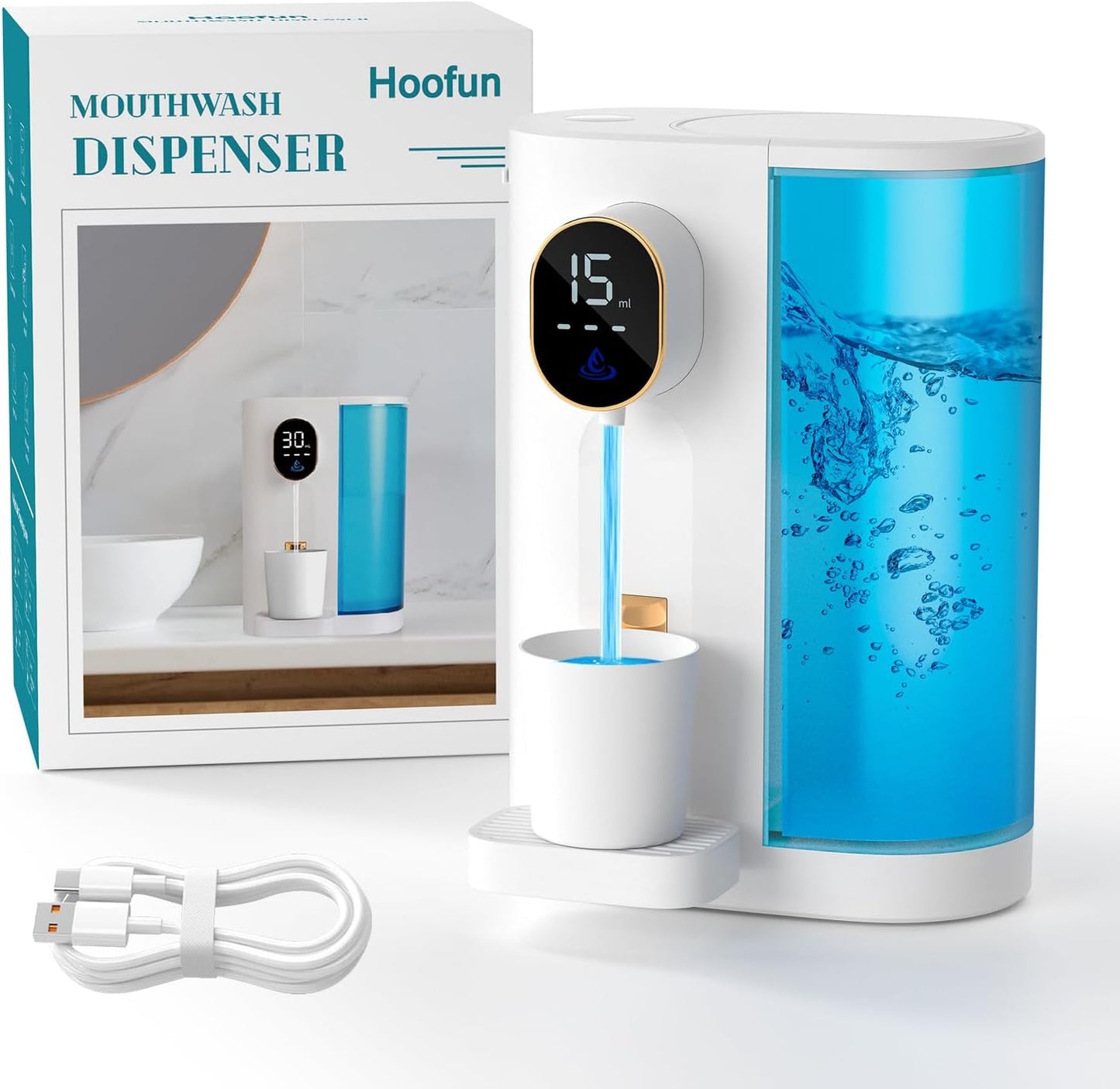 20.3 oz 4 Wall/Countertop, Automatic Mouthwash Dispenser Touchless for Bathroom, Dispensing Levels, Magnetic Cup, USB