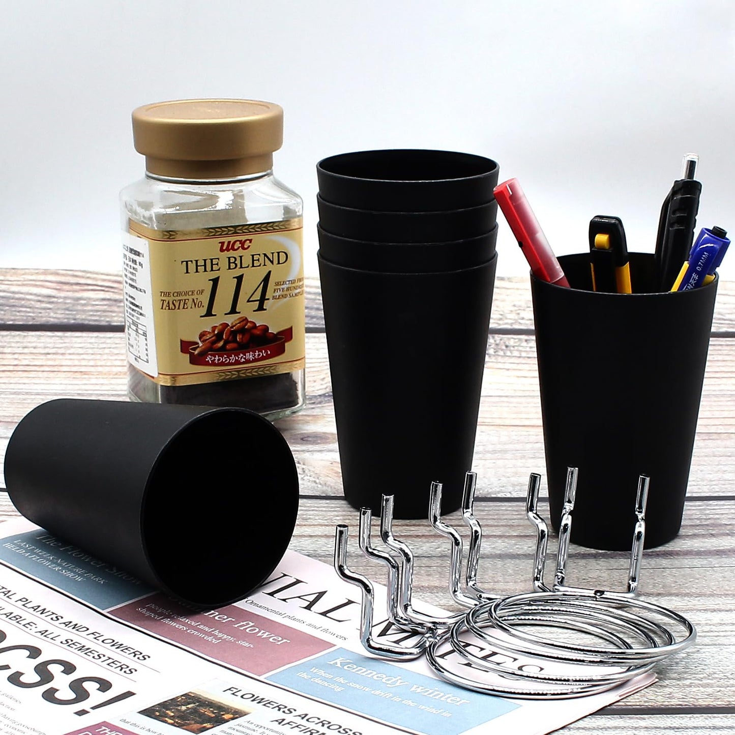 Moicstiy 6 Set Pegboard Bins with Rings, Ring Style Pegboard Hooks with Pegboard Cups Pegboard Cup Holder Organizer for Art, Craft Storage (Black)