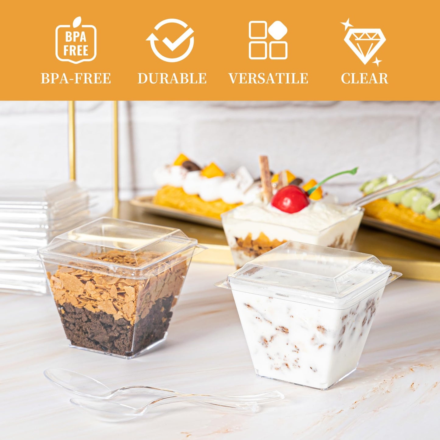 HOMIP 60Pack 4oz Plastic Dessert Cups with Lids and Spoons, Mini Plastic Parfait Cups for Parties, Clear Square Cups for Appetizer Cake Ice-cream