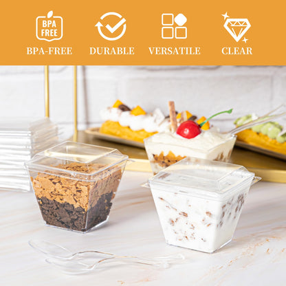 HOMIP 60Pack 4oz Plastic Dessert Cups with Lids and Spoons, Mini Plastic Parfait Cups for Parties, Clear Square Cups for Appetizer Cake Ice-cream