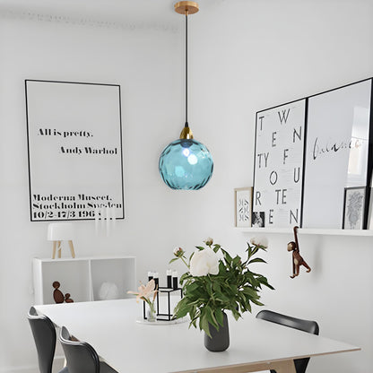 XIRYTU-H 20cm/7.9’’ Industrial Vintage Spherical Glass Pendant Light, E26 Ceiling Hanging Lamp, Gold Finish & Ripple Glass Globe Shade, Dining Room Bedroom Chandelier (Azure Blue)