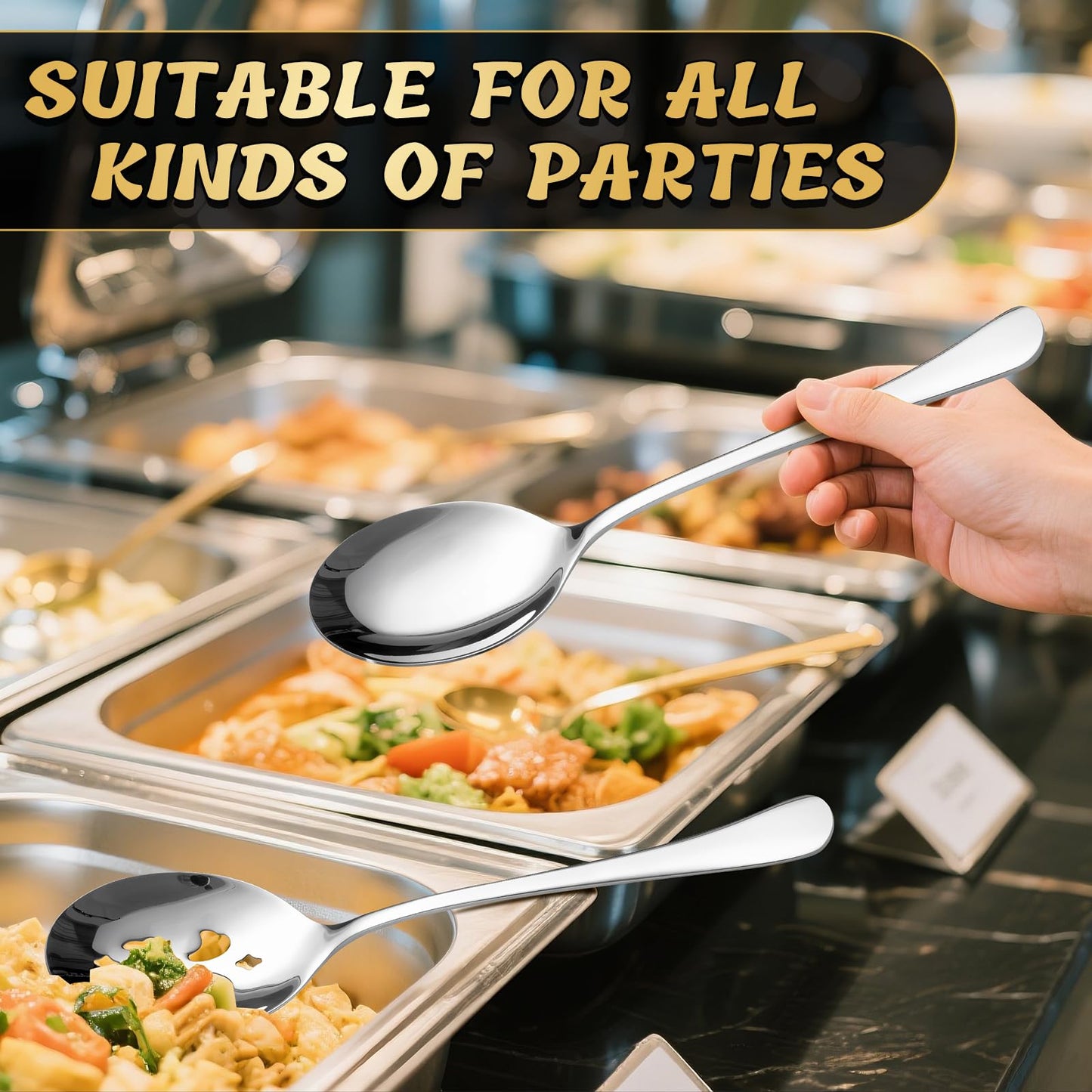 Keyoxy 6 Piece Stainless Steel Serving Spoon Set - 3 Large, 3 Slotted,Dishwasher Safe,10-Inch,for Parties/Kitchen/Buffet/Catering