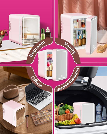 NISHCON 4-Liter Pink Portable Mini Fridge for Skincare Beauty Cosmetic Makeup With Mirrored Door and Dimmable LED Light
