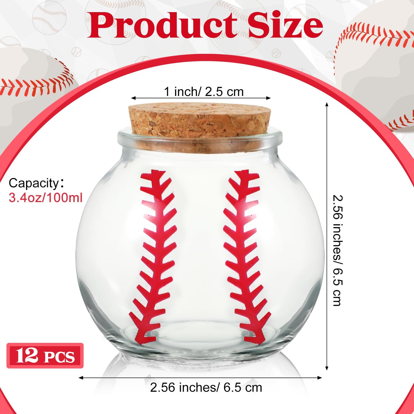 Funnymoom 12 Pcs Baseball Printed Round Jar 3.4 oz Mini Round Shaped Glass Jar with Cork Lid 2.56 x 2.56 Inch Decorative Glass Bottle for Baseball Team Coach Player Sport Party Favors Gift Decoration