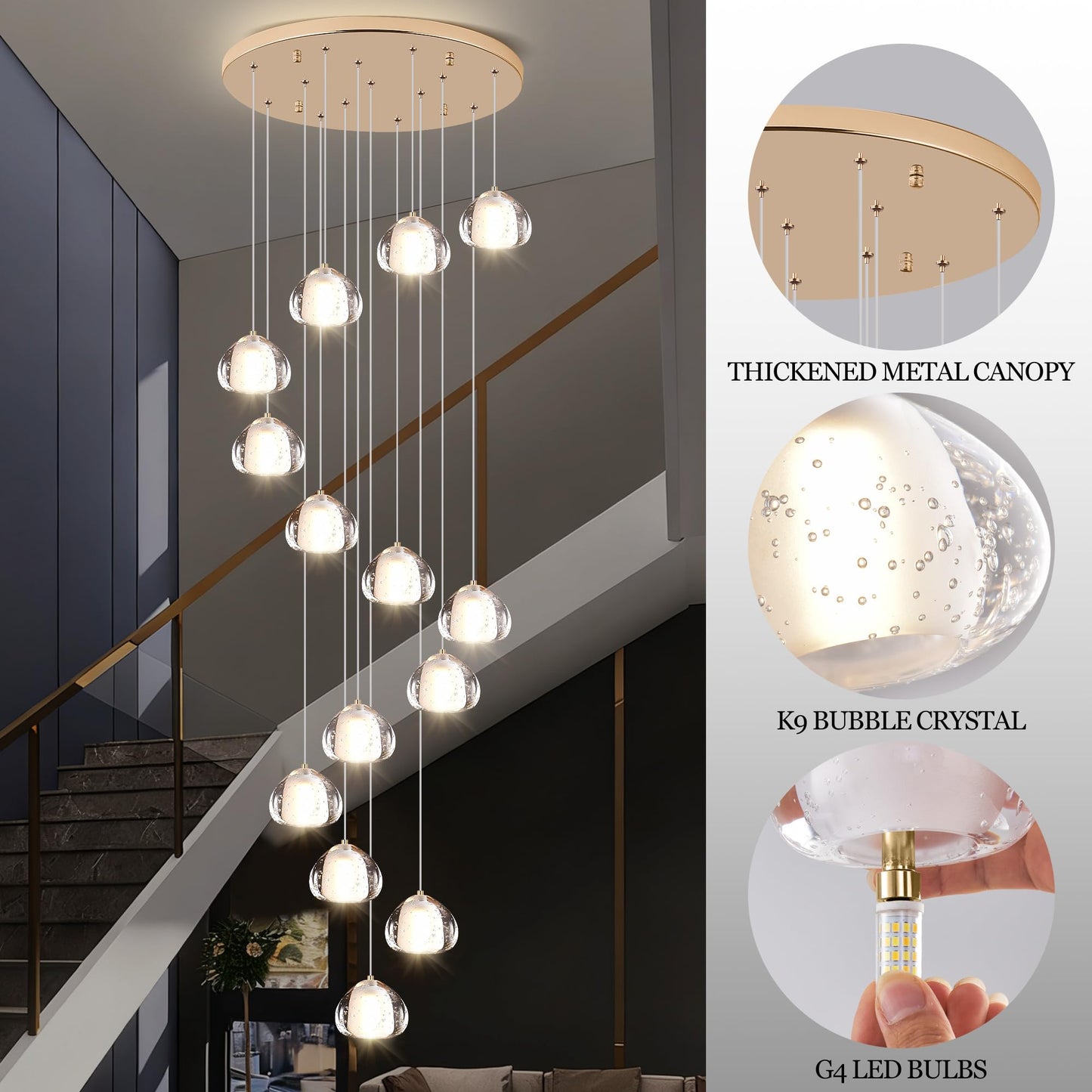 YwueChwu Gold Crystal Chandeliers for Staircase 14-Lights, H120 Inches Modern Indoor High Ceilings LED Pendant Light Fixture for Living Room Foyer Entryway