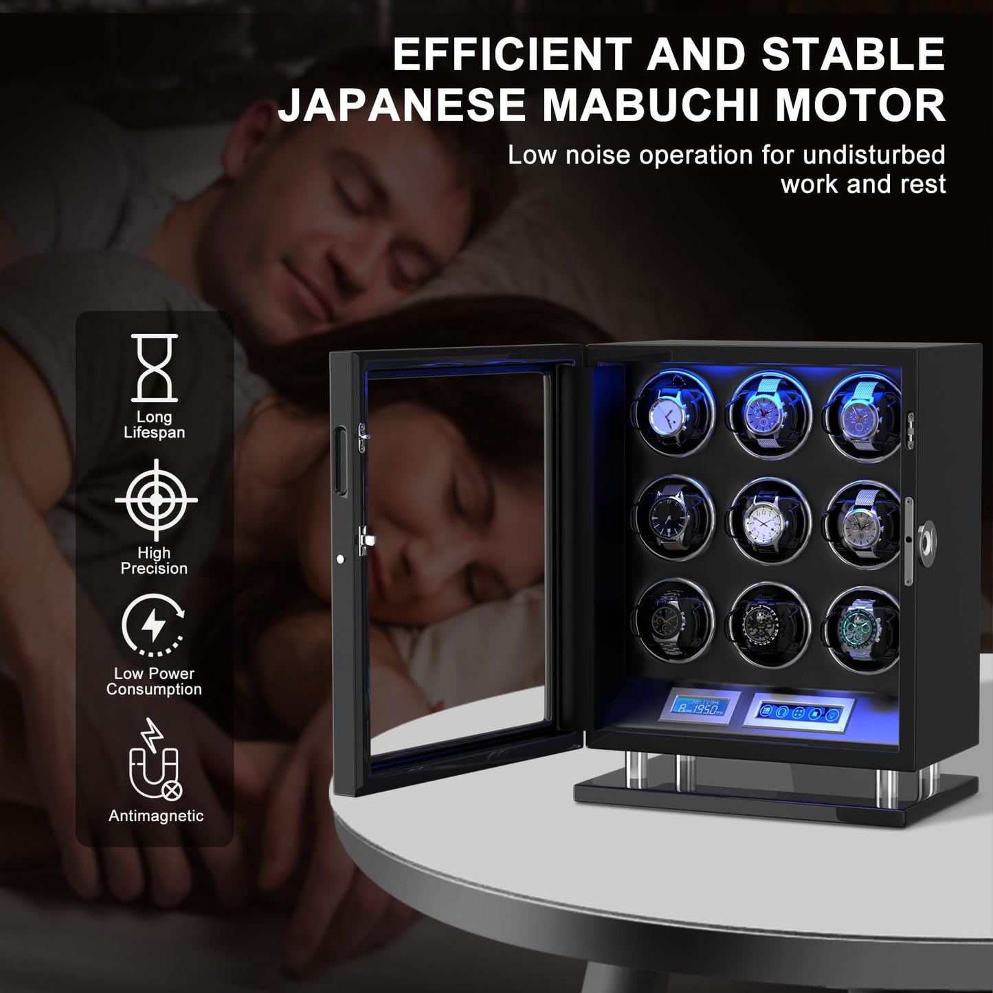DUKWIN Watch Winder for 9 Automatic Watches, Fingerprint Lock Watch Winders with LCD Touchscreen, Blue LED Light, Remote Control,Adjustable Pillow and Quiet Motor for Universal Watches, 5TPD