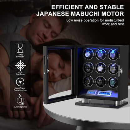 DUKWIN Watch Winder for 9 Automatic Watches, Fingerprint Lock Watch Winders with LCD Touchscreen, Blue LED Light, Remote Control,Adjustable Pillow and Quiet Motor for Universal Watches, 5TPD