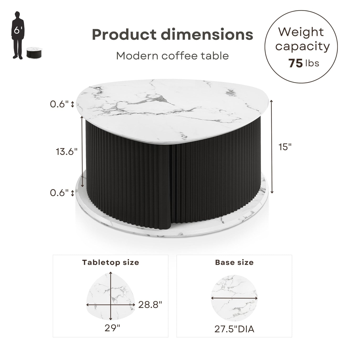HOMES: Inside + Out Elara Modern 29-inch Triangle Coffee Table with Marble Tabletop, Fluted Iron Pedestal Base and Hidden Storage for Small Space, Living Room, Home Office, Black