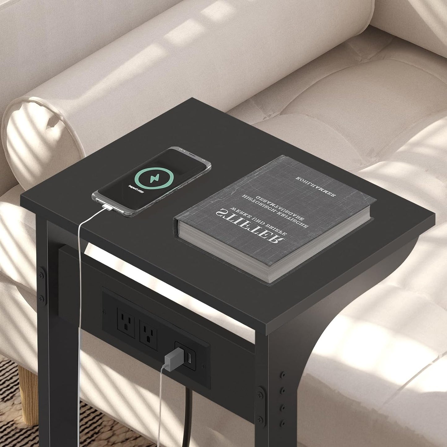 2 TB01BK044 TUTOTAK C Shaped End Table with Charging Station, Side Table, Couch Table for Small Spaces, Tv Tray Table