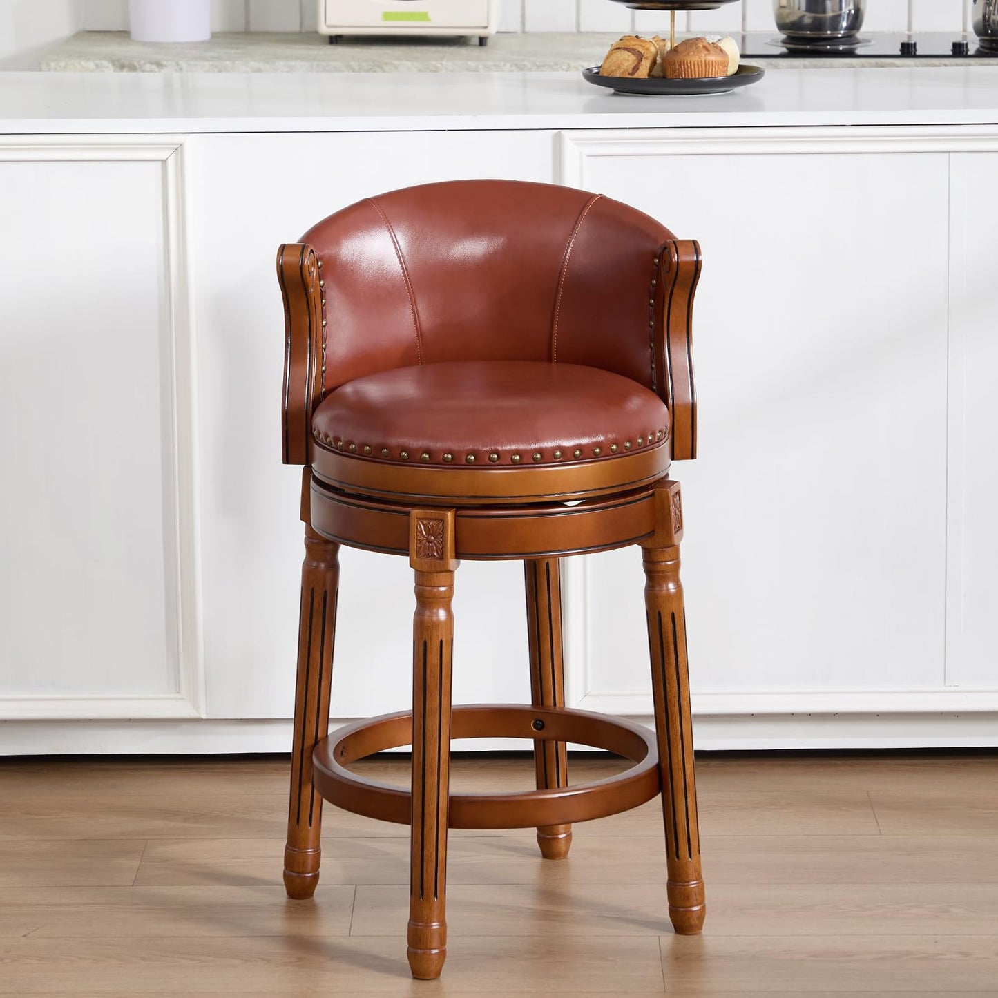 CozyRain Bar Stools Rubber Wood Counter Height Bar Stool Leather Upholstered Swivel Barstools with Back & Footrest for Home,Kitchen,Counter,Dining Room (Brown, Seat Height 26 in)