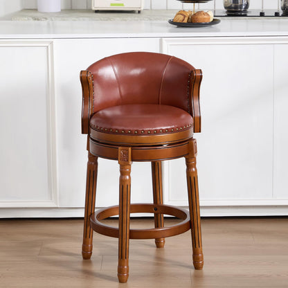 CozyRain Bar Stools Rubber Wood Counter Height Bar Stool Leather Upholstered Swivel Barstools with Back & Footrest for Home,Kitchen,Counter,Dining Room (Brown, Seat Height 26 in)