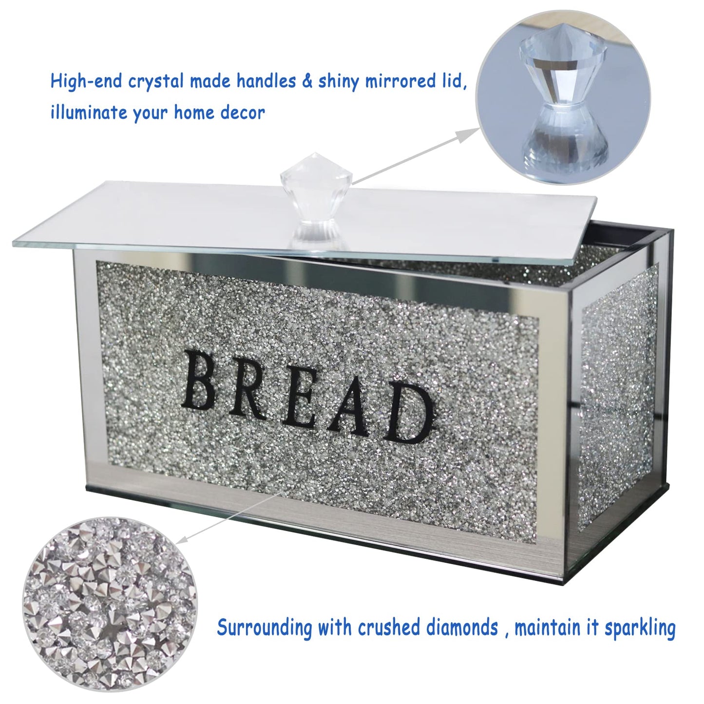 HMRCYTE Large Crystal Glass Bread Container Box with Lid, 12.2" L x 6.3" W x 7.9" H Silver Homemade Bread Storage, Crushed Diamond Home Decor, Keep Bread Fresh Clean, Bread Bin for Kitchen Countertop