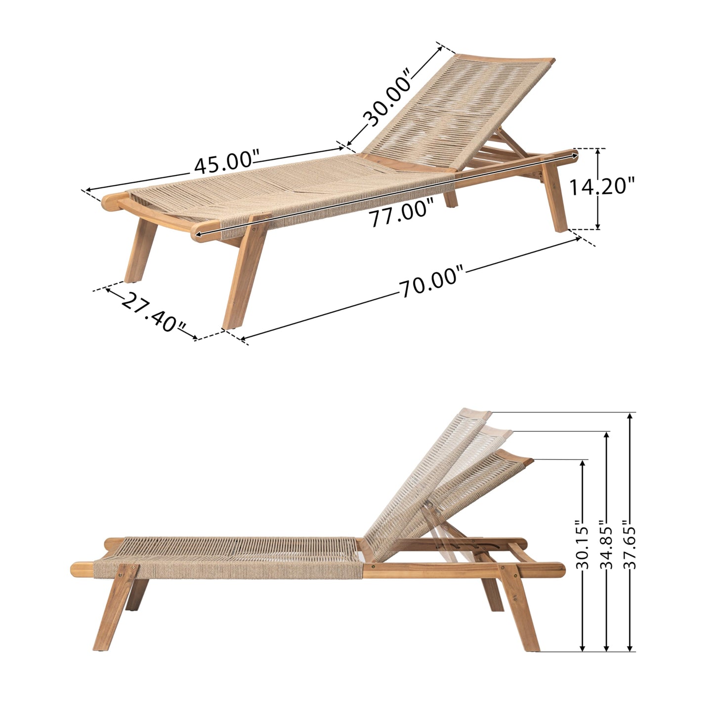 Christopher Knight Home Set of 2 Outdoor Patio Wood Adjustable Chaise Lounges with Rope Seating, Rope Chaise Lounge with Acacia Wood Frame, Chaise Lounge for Poolside, Balcony, Yard, Teak+Beige