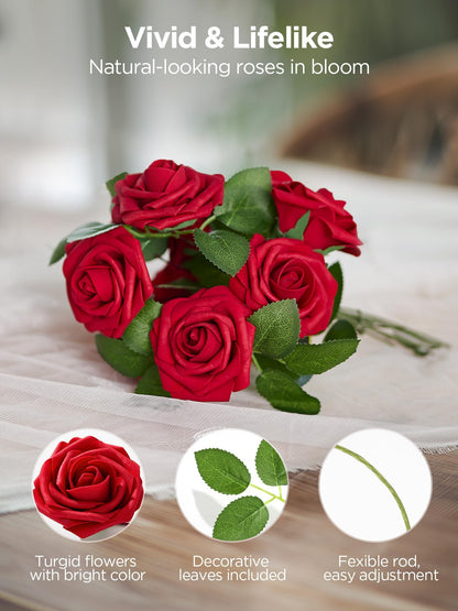 InnoGear Artificial Flowers, 50 Pcs Dark Red Foam Fake Roses Bulk with Stems for Mother's Gift Decoration Celebration DIY Wedding Bouquets Centerpieces Bridal Shower Party Christmas Tree
