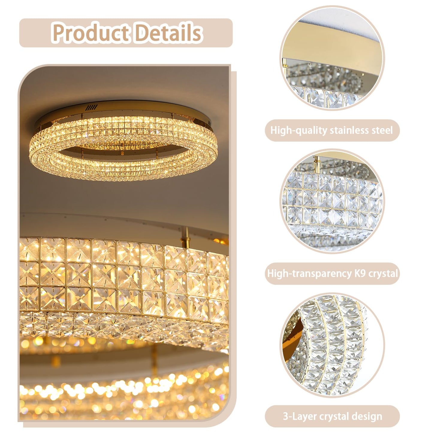ykolupty 40'' Crystal Chandelier for Living Room Large Chandeliers for Living Room Crystal Flat Mounted Ceiling Lights Dining Room Bedroom Dimmable 2700-6000K (Gold Chandelier)