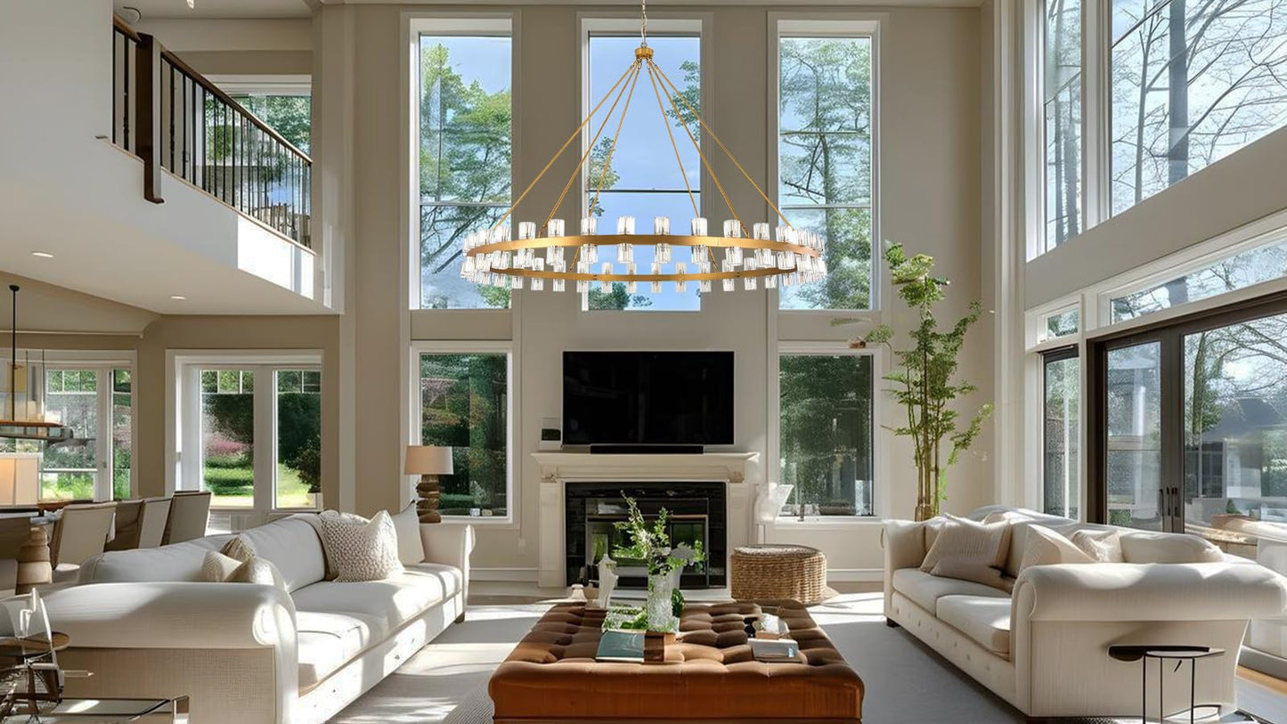 AEULYTIR 70 Inch Gold Wagon Wheel Chandelier with Crystal Shade, 72 Lights, Modern Farmhouse Style, Ideal for Dining Room, Kitchen, Entryways