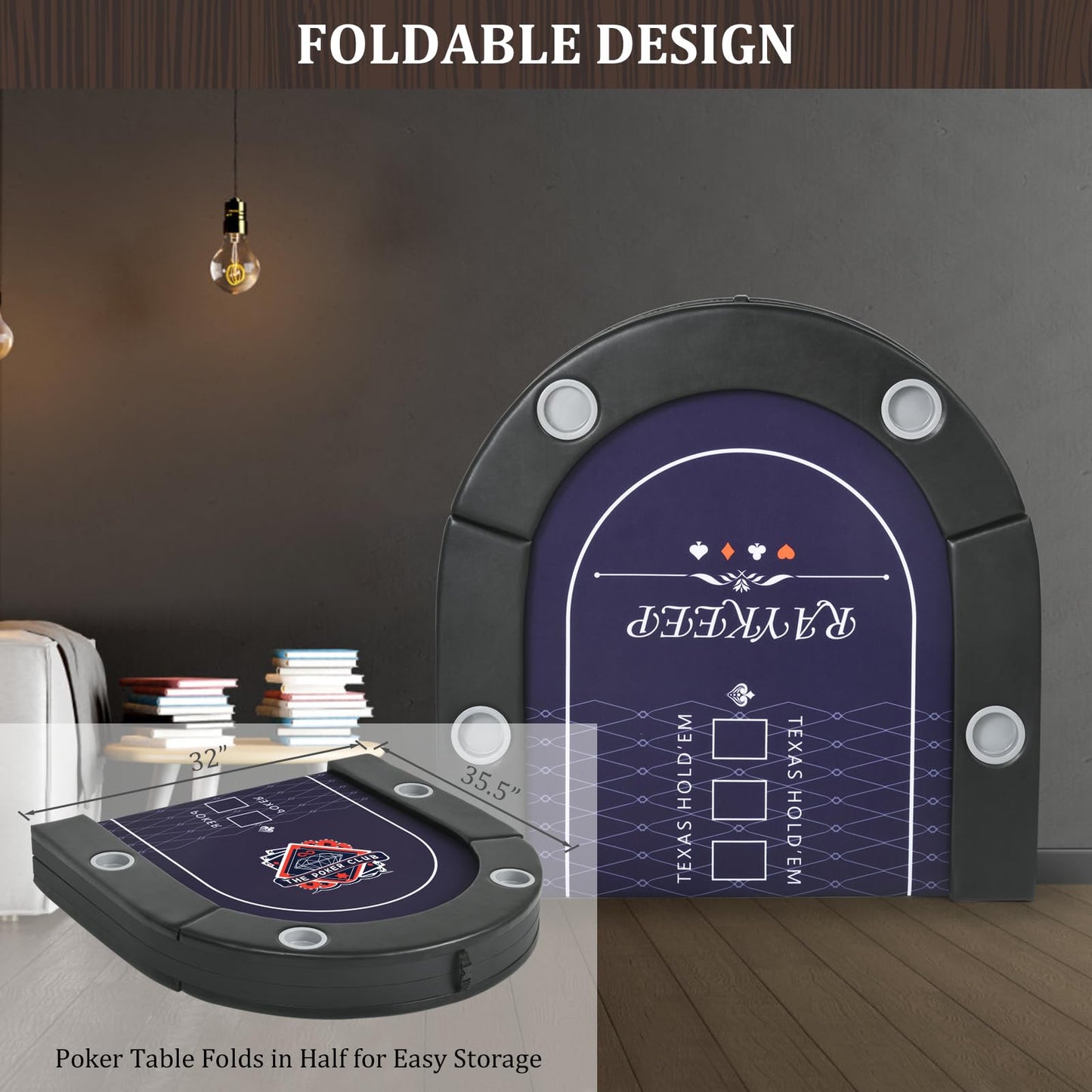 RAYKEEP 71 Inch Poker Table Foldable, 8 Player Folding Poker Tables w/Collapsible Legs, Casino Grade Felt, Padded Rails and Cup Holders, Portable Poker Table for Texas Holdem Poker and Blackjack