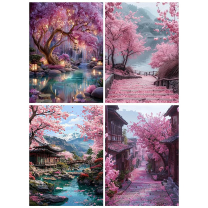 4 Pack Diamond Art Kits for Adults,Sakura Landscape Diamond Painting Kits for Adults Beginner,5D DIY Round Full Drill Gem Crystal Art,Adults Paint by Diamonds Dots for Home Wall Decor 12x16 inch