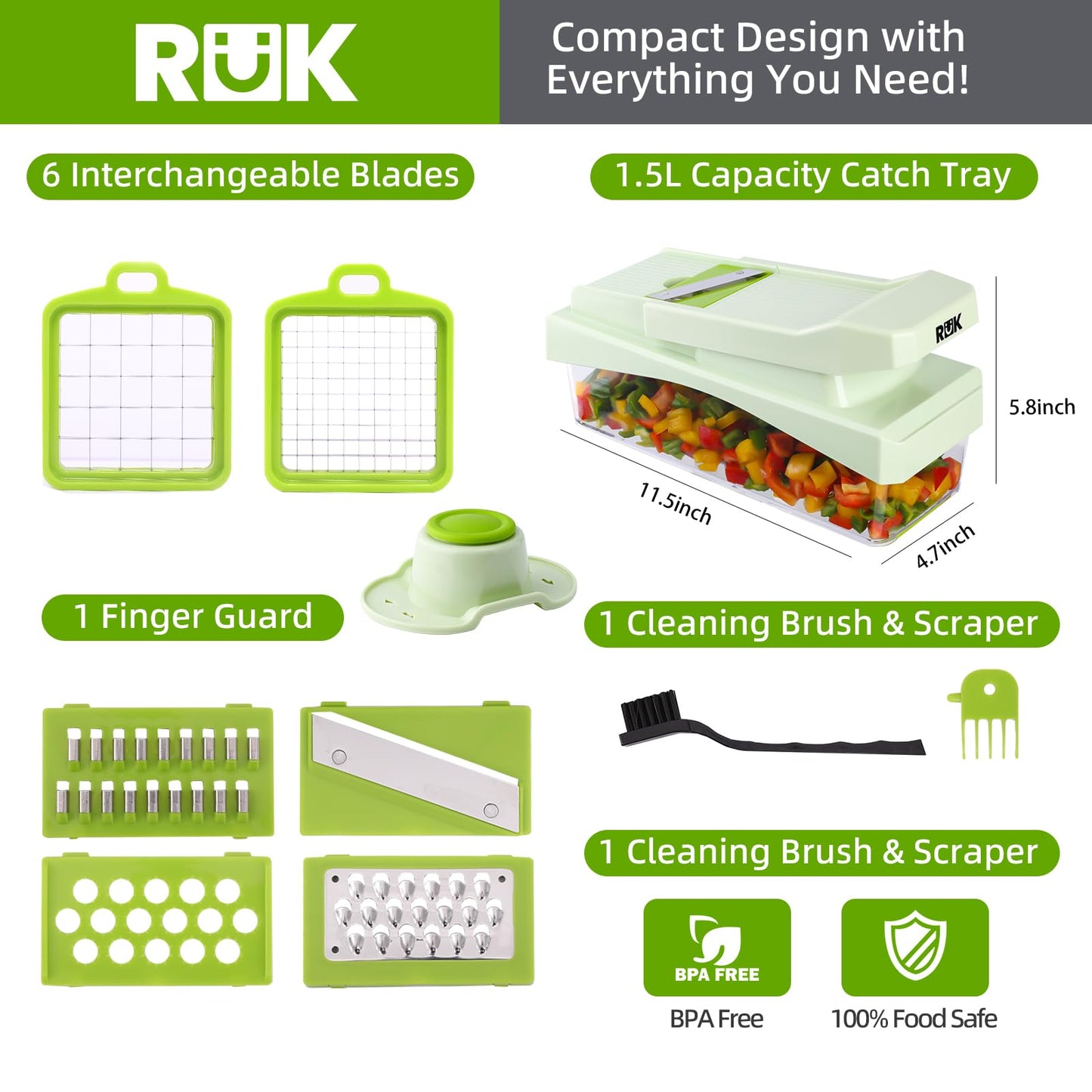 RüK 10-in-1 Vegetable Chopper – 6 Blade Veggie Chopper with Container, Food Dicer, Onion Cutter, Cheese Grater, Mandoline Slicer, Kitchen Gadgets & Home Essentials (Green)