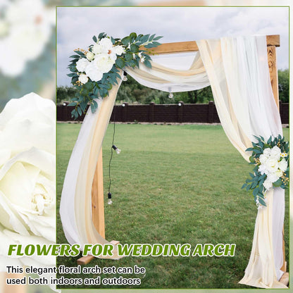 Thiccywoov 4 Pcs Wedding Arch Flowers and Drape Kit Include 2 Artificial Floral Swag and 2 White Chiffon Drapes, Faux Flower Set for DIY Wedding Party Reception Ceremony Backdrop Rose Decoration