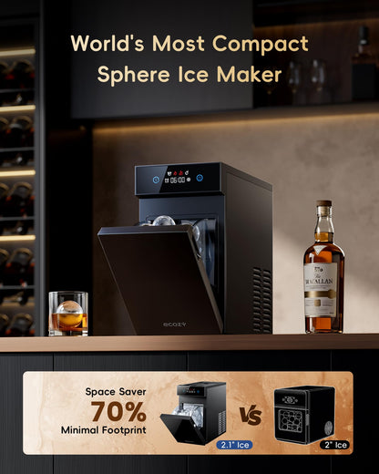 ecozy 2.1" Clear Ice Ball Maker Countertop with CrystalFlux Technology, Minimal Footprint Sphere Ice Maker with 8H Timer, 1 pc in 30 Mins, 48 pcs/Day, Self-Cleaning for Home Bar Whiskey & Bourbon