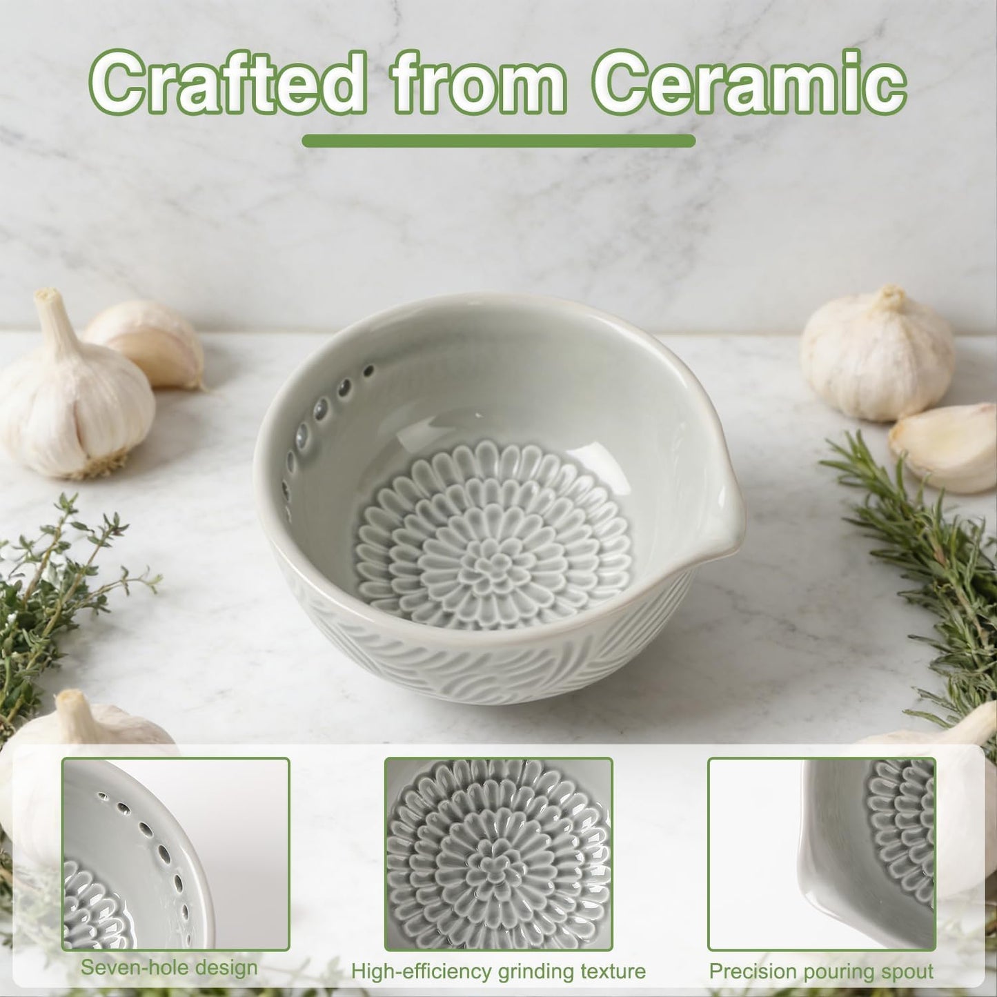 Ceramic Grater Bowl with Herb Stripper, 3 in 1 Handmade Ginger Grater Bowl, Garlic Grater Plate, Multi-Functional Kitchen Tools and Gadgets, for Garlic, Chocolate, Herbs, Etc