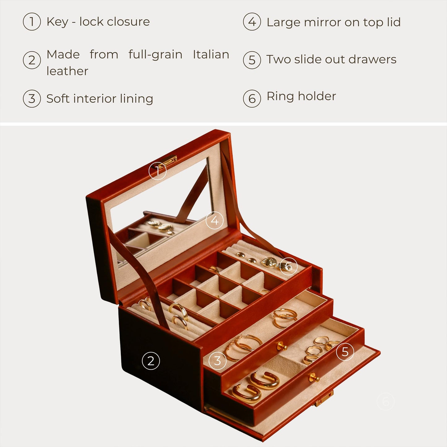 Time Resistance Jewelry Box - Full Grain Leather Jewellery Organizer - Accessories Storage - Key Lock Box for Women (Cognac Brown)