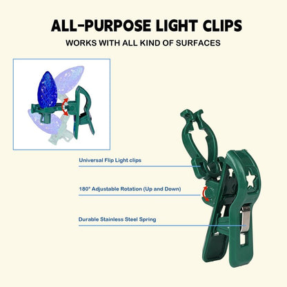 TW SHINE C7 C9 Christmas Lights Spring Clips, 100 Pack Holiday Lights Universal Quick Spring Clips for E12 E17, Weatherproof Shatterproof Clips Outdoor for Roof Fence Shingle Gutter
