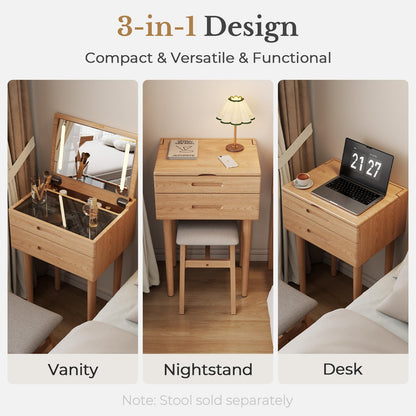 Muwuele Solid Wood Small Vanity Desk with Mirror and Lights, Narrow Makeup Vanity for Small Space, Flip Top Vanity Side Table, 3 Color Modes & Adjustable Brightness, 19.6" Slim Dressing Table, Natural