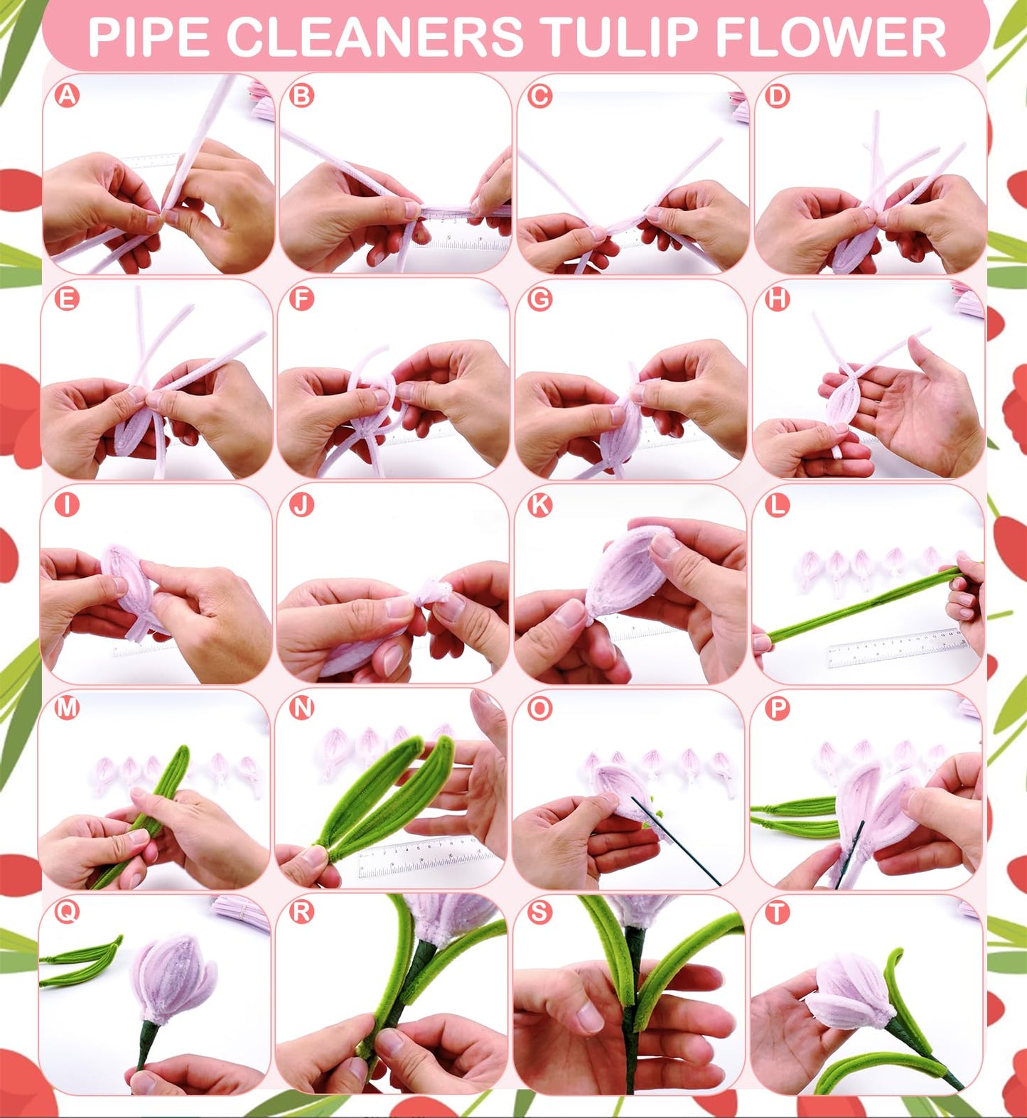 Pipe Cleaner Flower Kit Pink, 600PCS Pipe Cleaners Bulk for Flowers, Pipe Cleaners Craft Set, Chenille Stems Flower Making Kit with Floral Wires, Tape, Glue Sticks, Stamen, Wrapping Paper, Ribbon Card