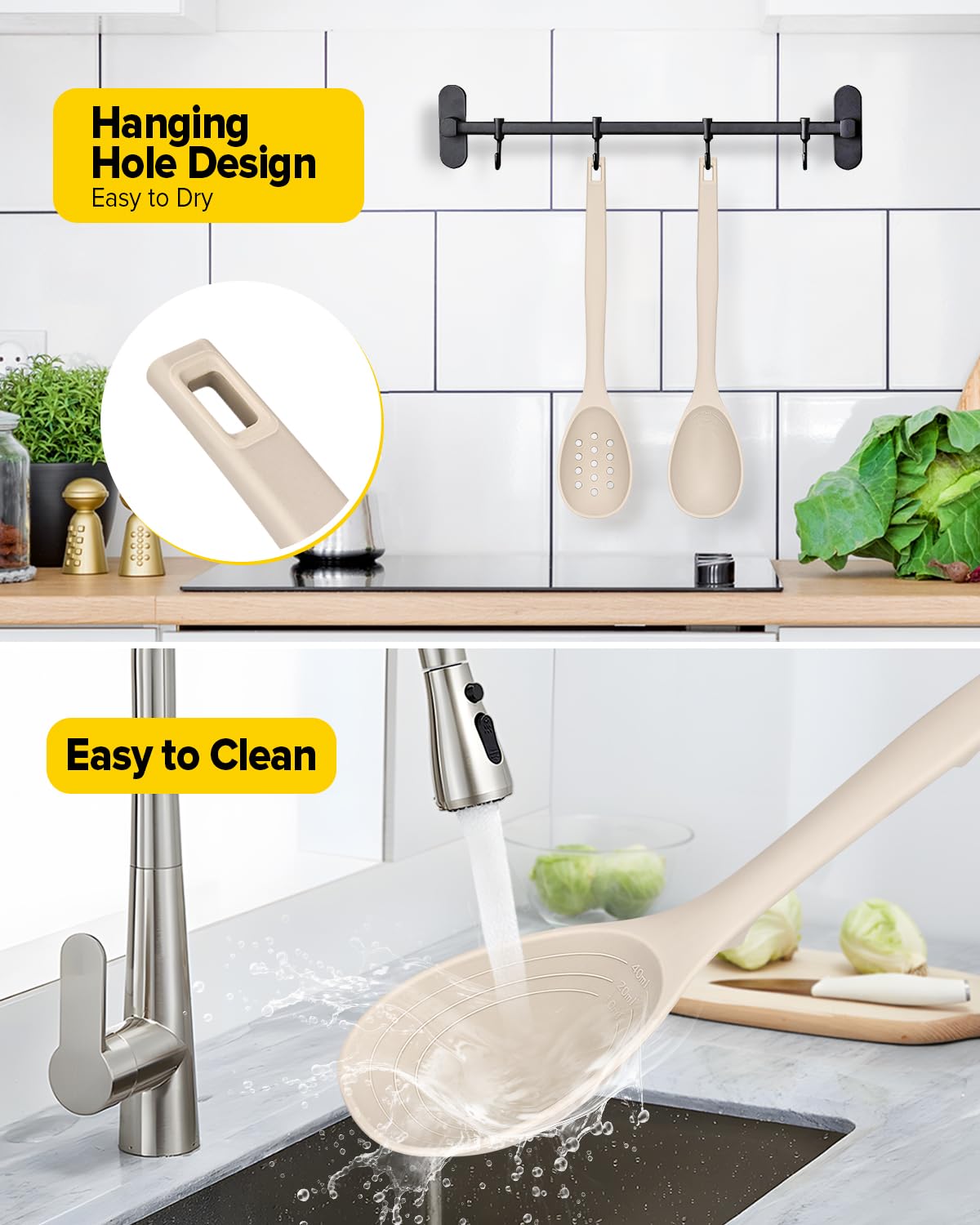 Pack of 2 Silicone Cooking Spoons, Non Stick Solid Kitchen Spoon with Measuring Marks & Back Hooks, Heat Resistant Silicone Slotted Spoon for Cooking, Mixing, Stirring,Serving(KHAKI)