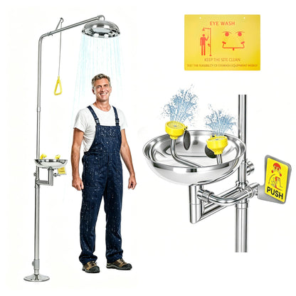 lukar Emergency Shower Eye Wash Station, 304 Stainless Steel Eye Wash Shower Station, 90”Combination Eyewash Shower Station for Industrial Commercial, with Emergency Sign & NPT Threads
