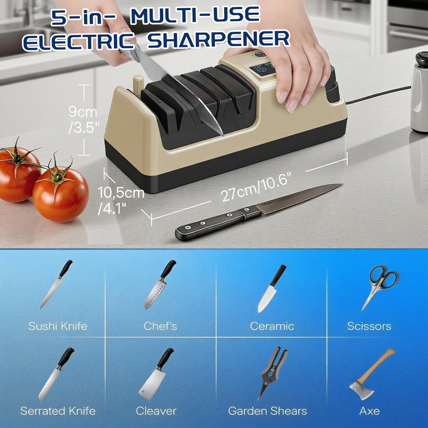 5-in-1 Electric Knife Sharpener for Kitchen Knives, Scissor Sharpener with 3-Speed & 100% Diamond Abrasives -Quickly Sharpening for Straight,Serrated,Cleaver Knives Mothers Day Kitchen Gifts for Mom