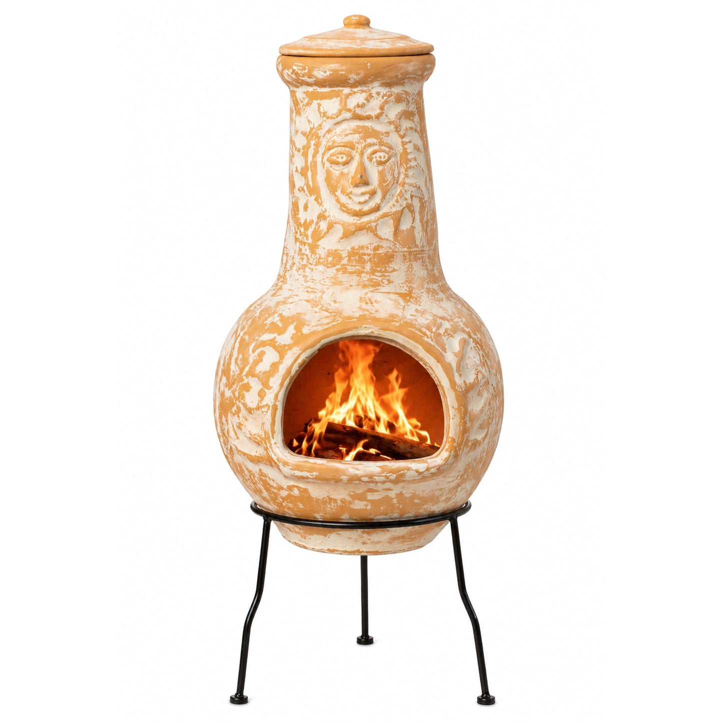 Outdoor Clay Chiminea Fireplace Sun Design Wood Burning Fire Pit with Sturdy Metal Stand, Barbecue, Cocktail Party, Cozy Nights Fire Pit (Beige)