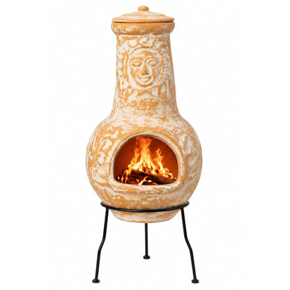 Outdoor Clay Chiminea Fireplace Sun Design Wood Burning Fire Pit with Sturdy Metal Stand, Barbecue, Cocktail Party, Cozy Nights Fire Pit (Beige)