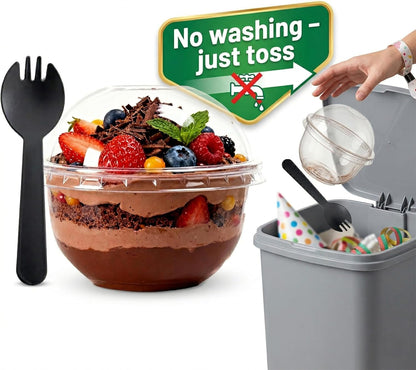 20 Pack 8.5oz Disposable Parfait Dessert Cups with Dome Lids & Black Sporks - Clear Parfait Cups for yogurt, Fruit