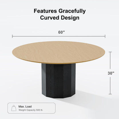 Casaphoria 60 inch Round Dining Table for 8 - Natural Top & Black Pedestal Base - Two-Tone Modern Kitchen Table - Large Circular Dining Room Table